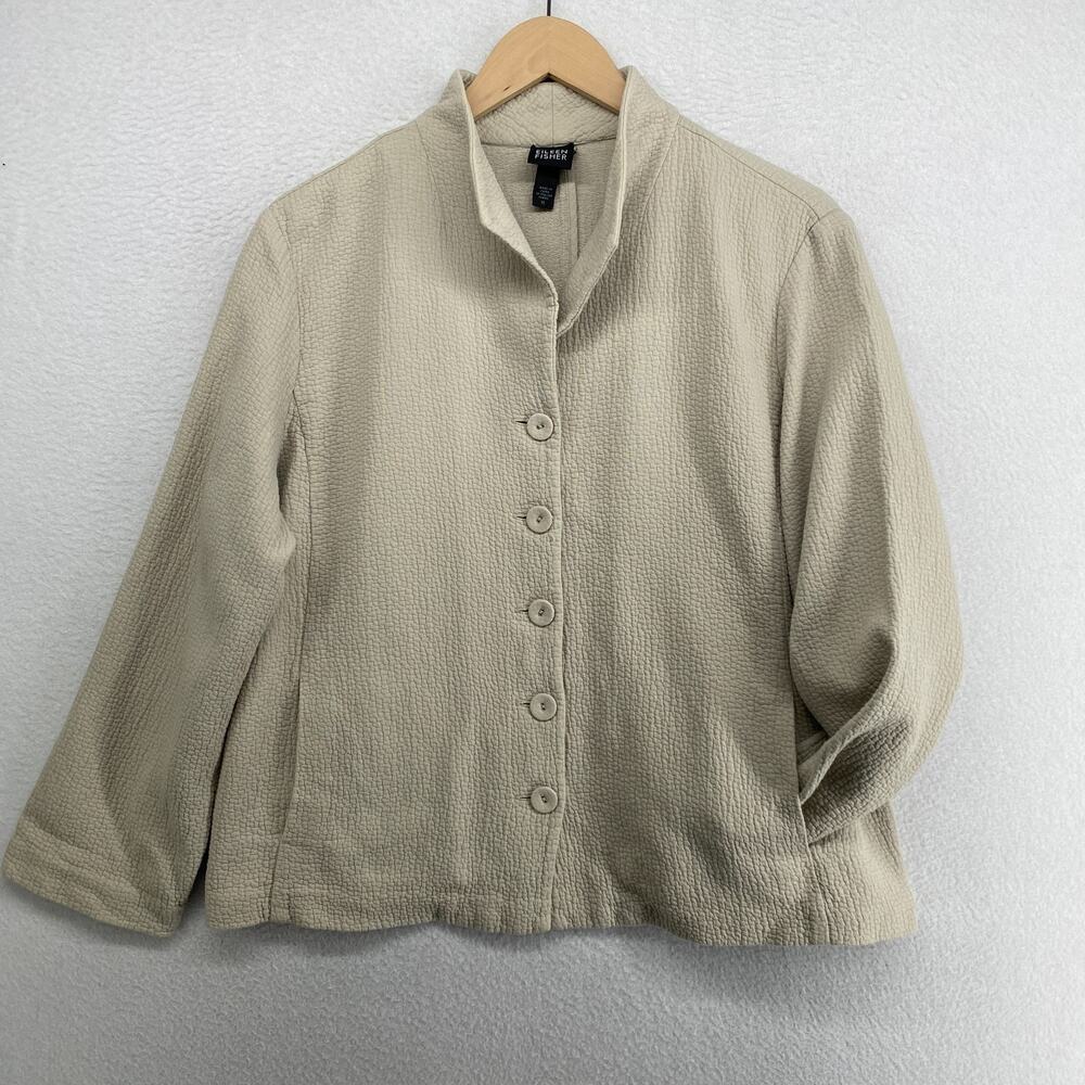 EILEEN FISHER Jacket XL Organic Cotton Crinkle Textured Button Up Blazer Beige